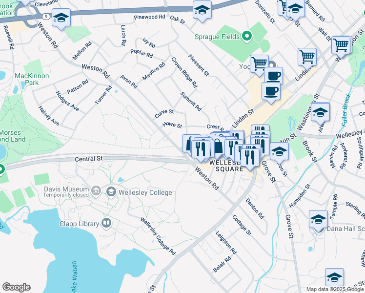 map of restaurants, bars, coffee shops, grocery stores, and more near 3 Linden Street in Wellesley