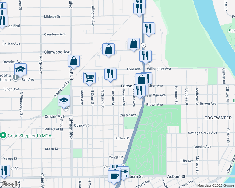map of restaurants, bars, coffee shops, grocery stores, and more near 1315 Van Wie Avenue in Rockford