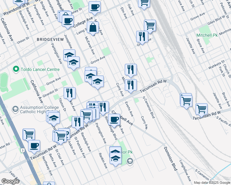 map of restaurants, bars, coffee shops, grocery stores, and more near 1330 McEwan Avenue in Windsor