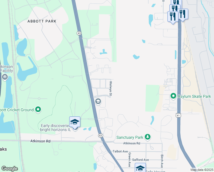 map of restaurants, bars, coffee shops, grocery stores, and more near 140 Hemstead Street in Lake Bluff