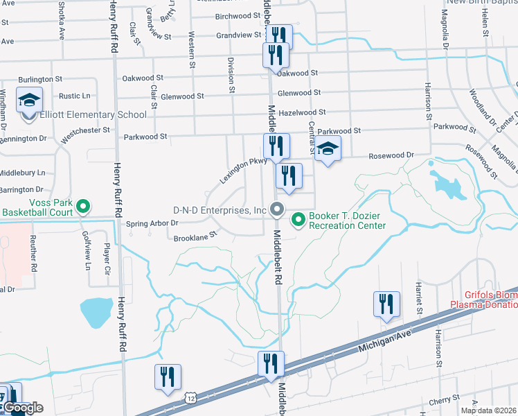map of restaurants, bars, coffee shops, grocery stores, and more near 1762 Meadow Lane in Inkster