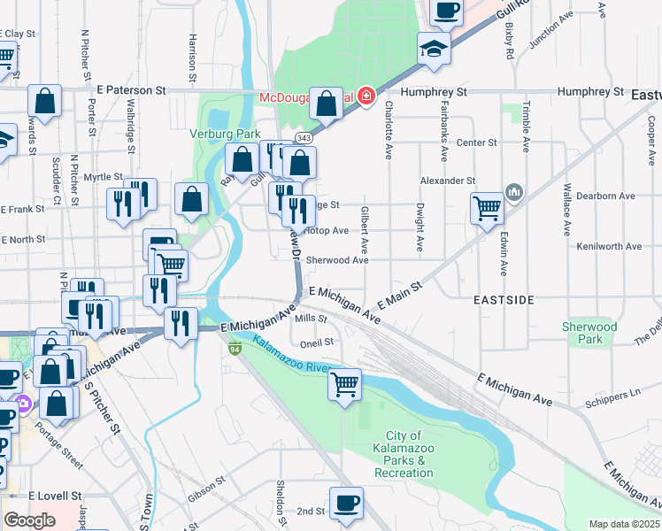 map of restaurants, bars, coffee shops, grocery stores, and more near 1038 Sherwood Avenue in Kalamazoo