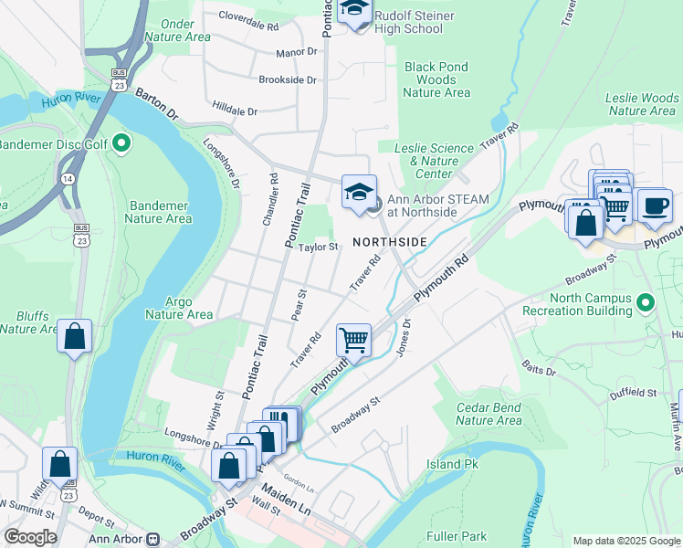 map of restaurants, bars, coffee shops, grocery stores, and more near 1606 Peach Street in Ann Arbor
