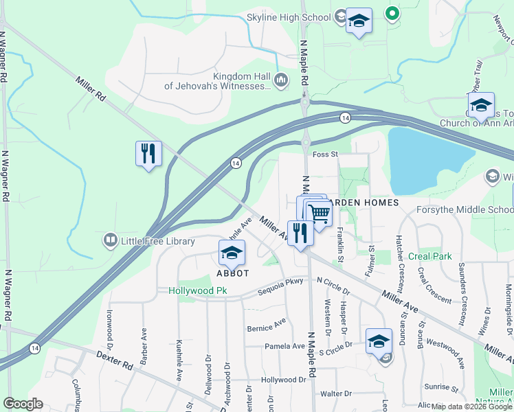 map of restaurants, bars, coffee shops, grocery stores, and more near 2664 Miller Avenue in Ann Arbor