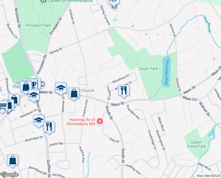 map of restaurants, bars, coffee shops, grocery stores, and more near 3 Brookway Drive in Shrewsbury
