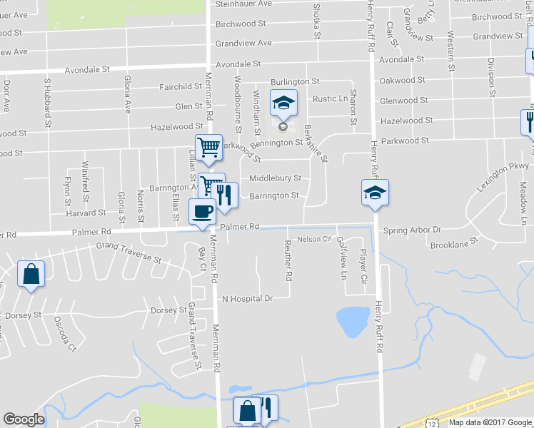 map of restaurants, bars, coffee shops, grocery stores, and more near 30900 Palmer Road in Westland