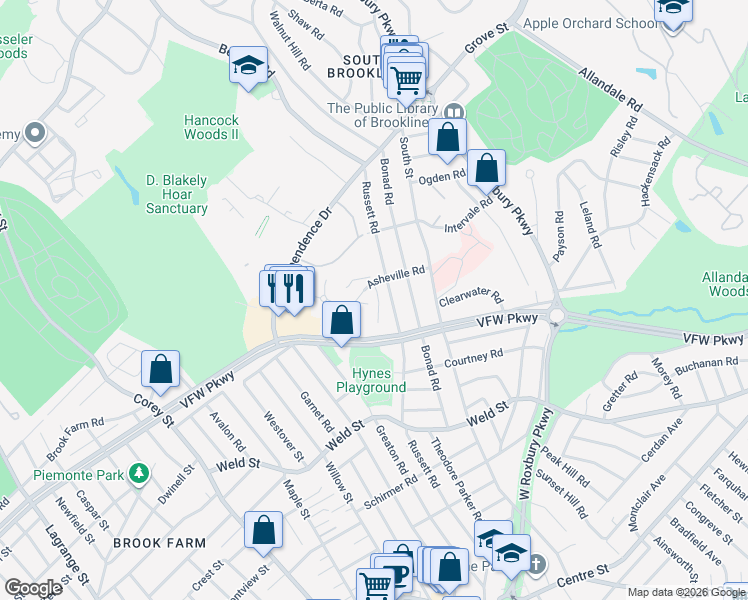 map of restaurants, bars, coffee shops, grocery stores, and more near 93 Asheville Road in Brookline