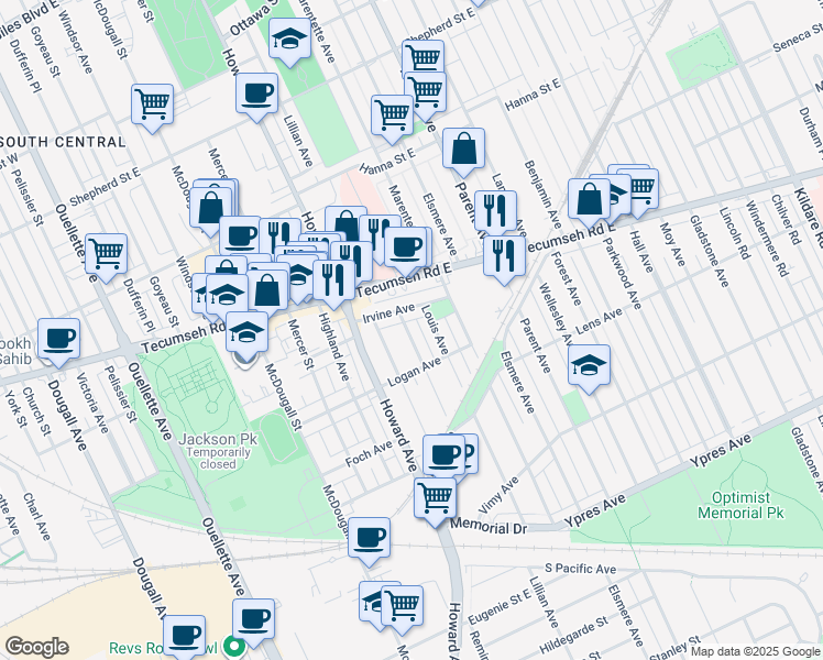 map of restaurants, bars, coffee shops, grocery stores, and more near 2226 Lillian Avenue in Windsor