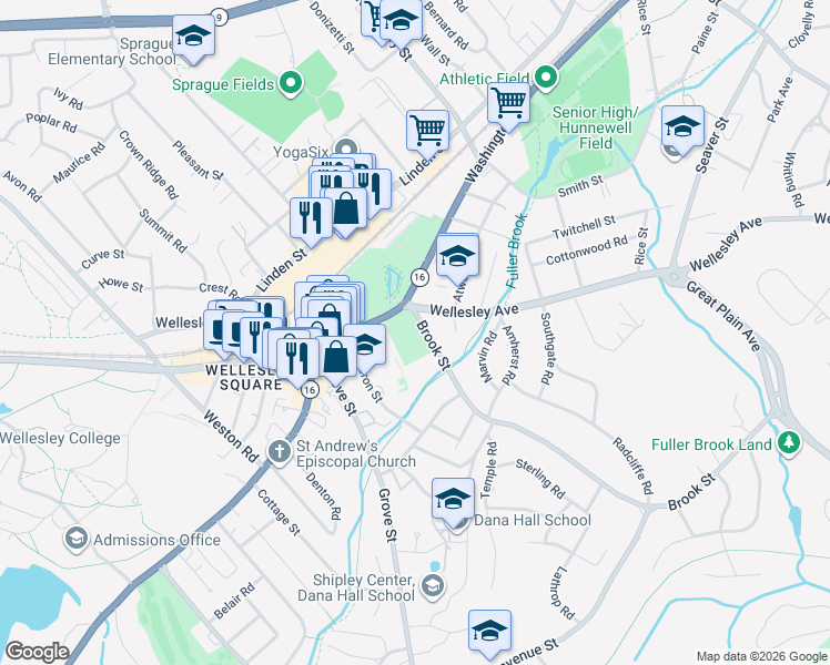 map of restaurants, bars, coffee shops, grocery stores, and more near 5 Brook Street in Wellesley