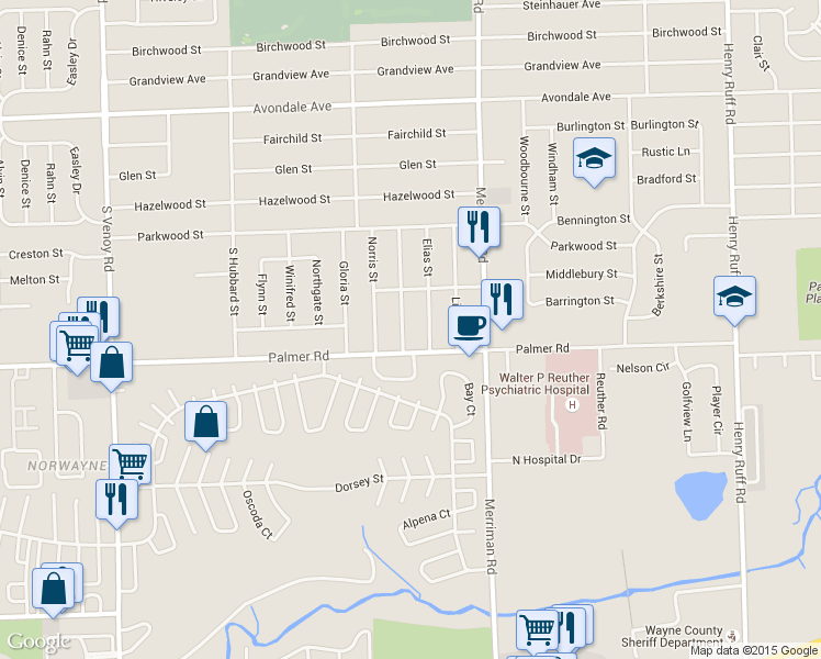 map of restaurants, bars, coffee shops, grocery stores, and more near 1677 Beatrice Street in Westland