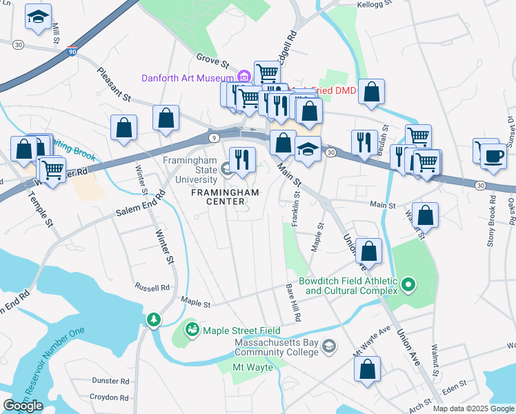 map of restaurants, bars, coffee shops, grocery stores, and more near 100 State Street in Framingham