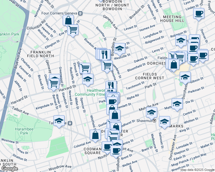 map of restaurants, bars, coffee shops, grocery stores, and more near 419 Washington Street in Boston