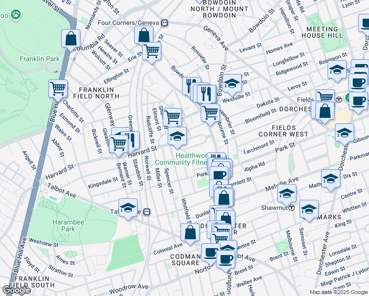 map of restaurants, bars, coffee shops, grocery stores, and more near 32 Bradlee Street in Boston