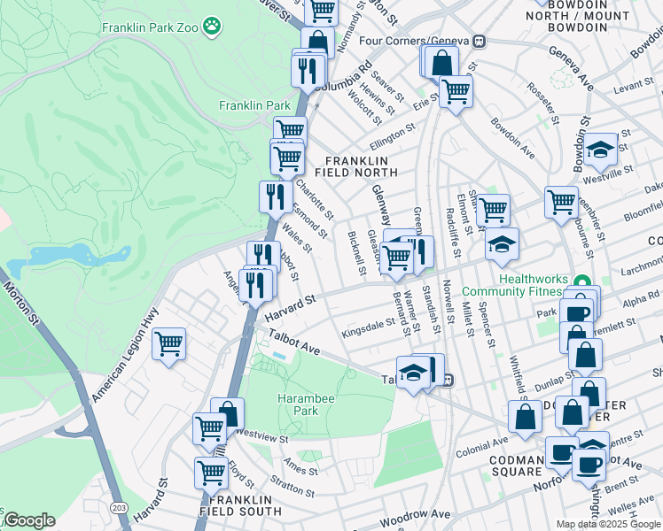 map of restaurants, bars, coffee shops, grocery stores, and more near 88 Esmond Street in Boston
