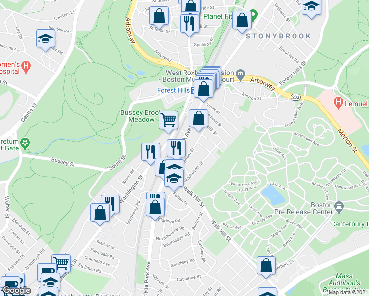 map of restaurants, bars, coffee shops, grocery stores, and more near 108 Hyde Park Avenue in Boston