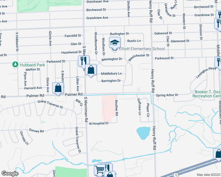 map of restaurants, bars, coffee shops, grocery stores, and more near 30900 Palmer Road in Westland