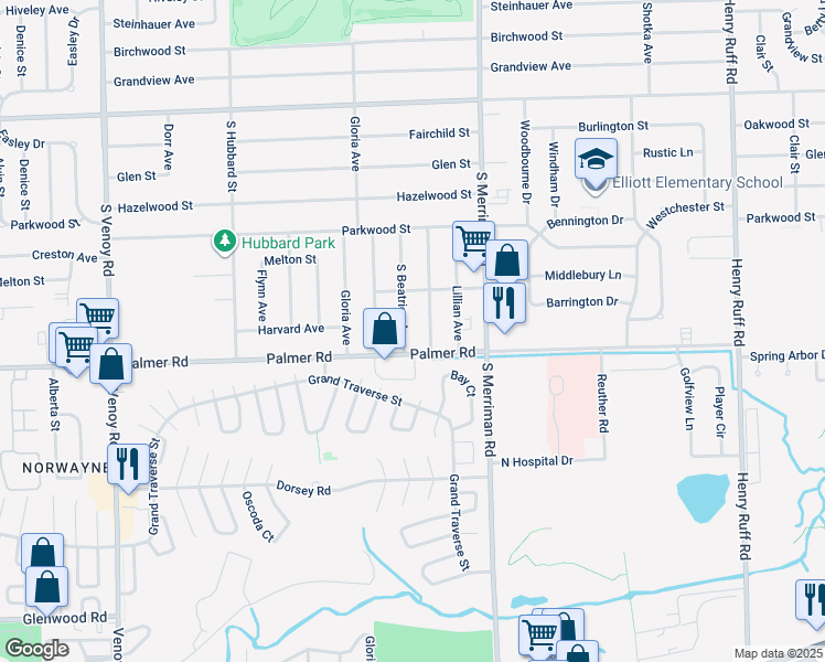 map of restaurants, bars, coffee shops, grocery stores, and more near 1677 Beatrice Street in Westland
