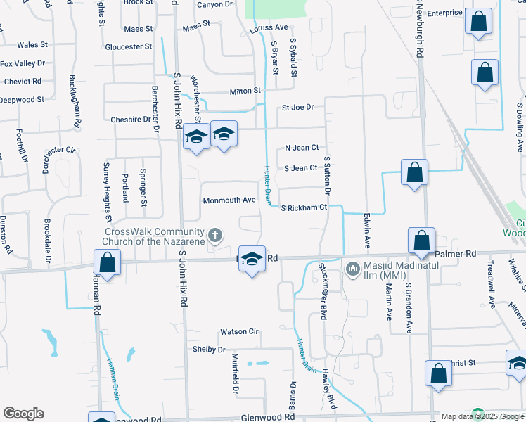 map of restaurants, bars, coffee shops, grocery stores, and more near 38480 Nellie Lane in Westland