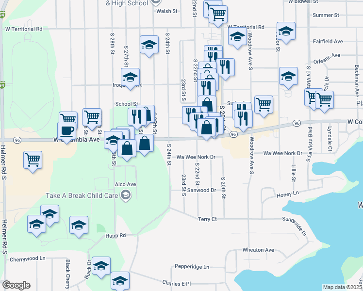 map of restaurants, bars, coffee shops, grocery stores, and more near 1351 West Columbia Avenue in Battle Creek