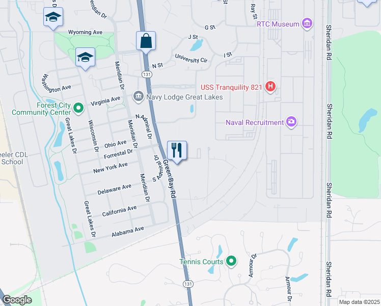 map of restaurants, bars, coffee shops, grocery stores, and more near 3500 Green Bay Road in North Chicago
