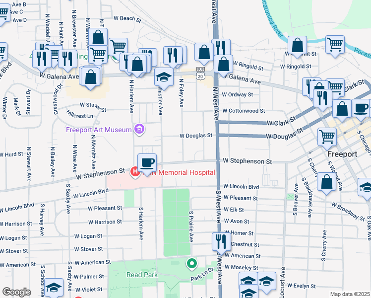 map of restaurants, bars, coffee shops, grocery stores, and more near 102 North Foley Avenue in Freeport