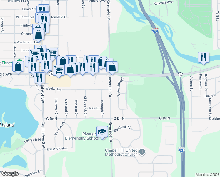 map of restaurants, bars, coffee shops, grocery stores, and more near 529 Riverside Drive in Battle Creek