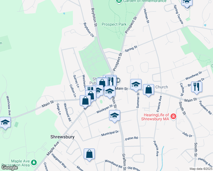 map of restaurants, bars, coffee shops, grocery stores, and more near 5 Church Road in Shrewsbury