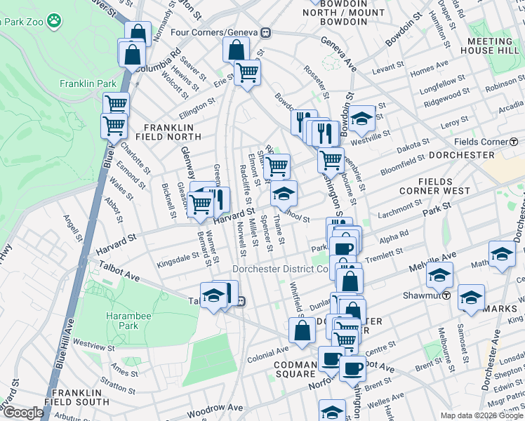 map of restaurants, bars, coffee shops, grocery stores, and more near 4 Spencer Street in Boston