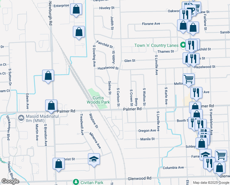 map of restaurants, bars, coffee shops, grocery stores, and more near 1560 South Carlson Street in Westland
