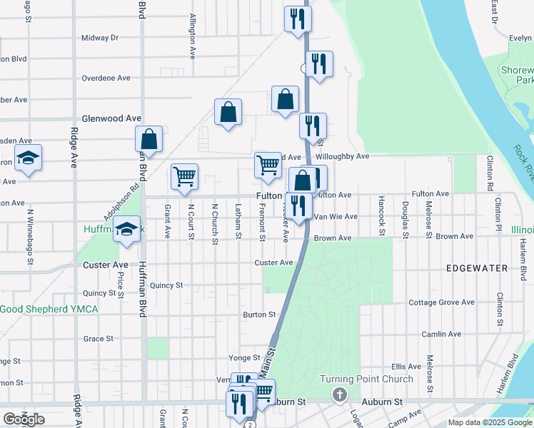 map of restaurants, bars, coffee shops, grocery stores, and more near 2303 Fremont Street in Rockford