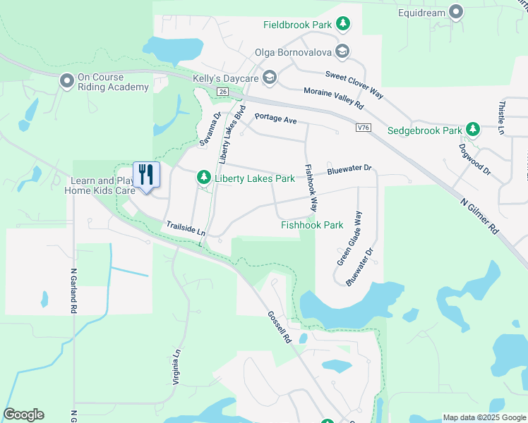map of restaurants, bars, coffee shops, grocery stores, and more near 2354 Trailside Lane in Wauconda
