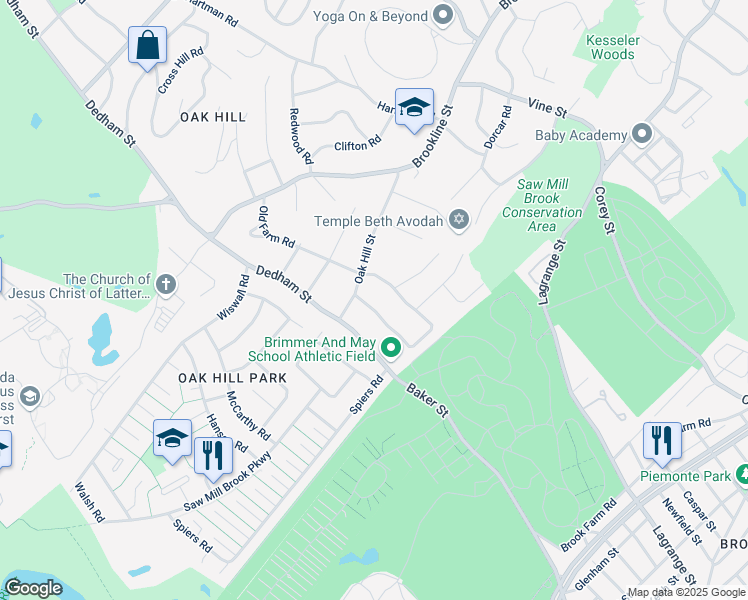map of restaurants, bars, coffee shops, grocery stores, and more near 18 Peregrine Road in Newton