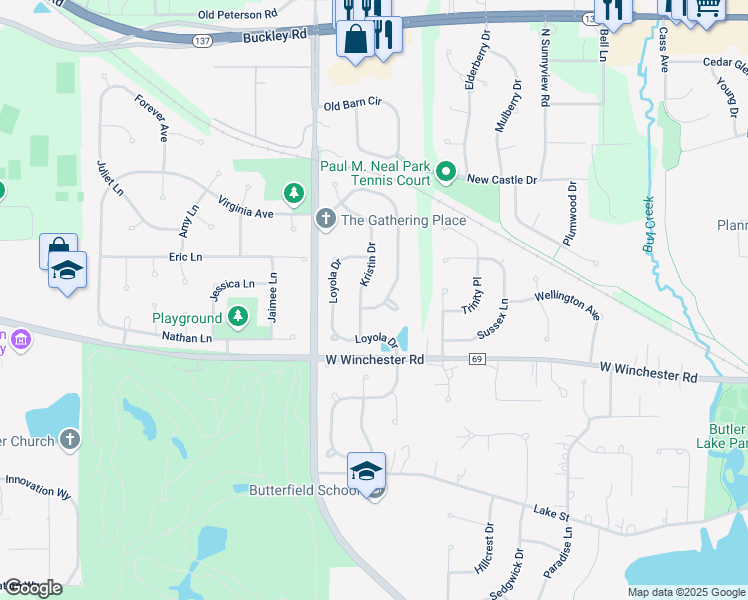 map of restaurants, bars, coffee shops, grocery stores, and more near 1131 Saint William Drive in Libertyville