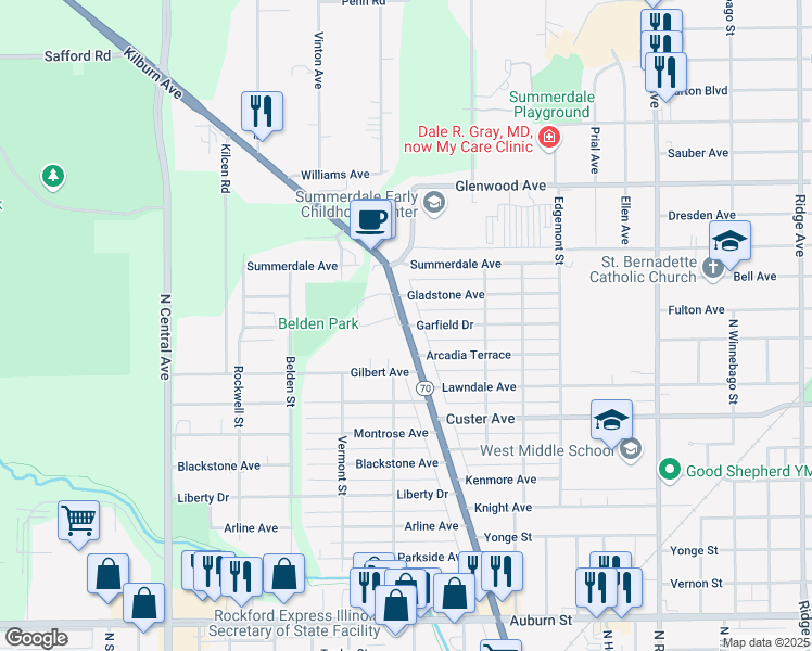 map of restaurants, bars, coffee shops, grocery stores, and more near Kilburn Ave & Garfield Dr in Rockford