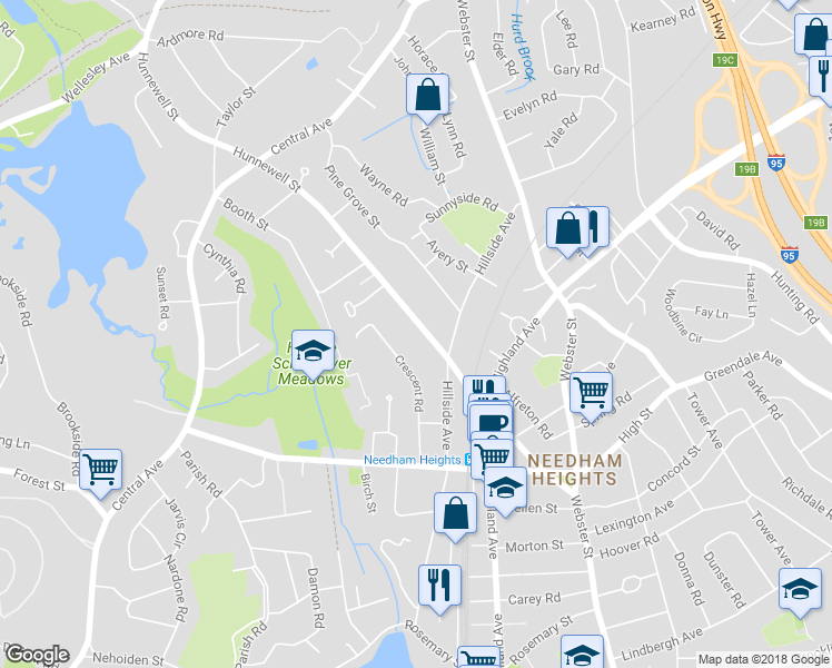 map of restaurants, bars, coffee shops, grocery stores, and more near 349 Hunnewell Street in Needham