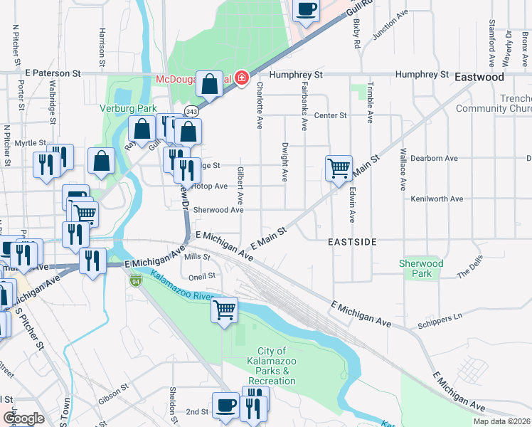 map of restaurants, bars, coffee shops, grocery stores, and more near 1300 Sherwood Avenue in Kalamazoo