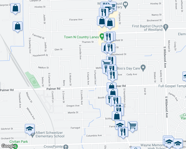map of restaurants, bars, coffee shops, grocery stores, and more near 1560 South Parent Avenue in Westland