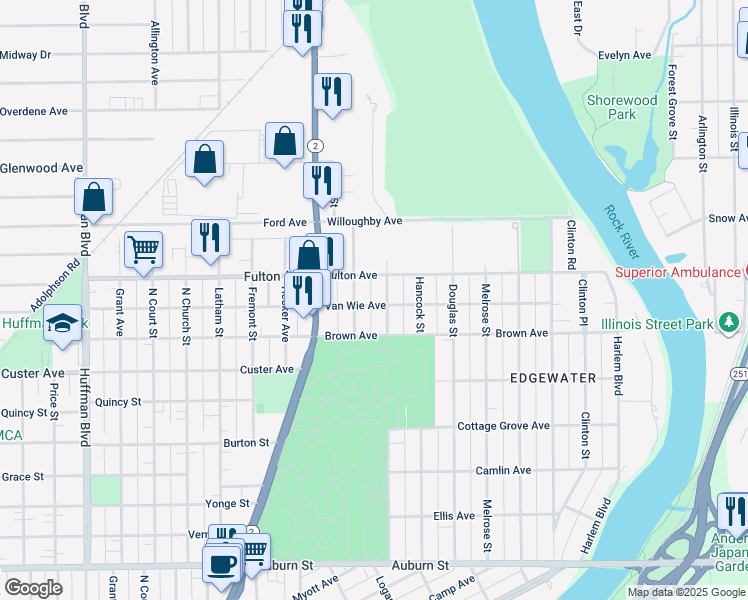 map of restaurants, bars, coffee shops, grocery stores, and more near 909 Van Wie Avenue in Rockford