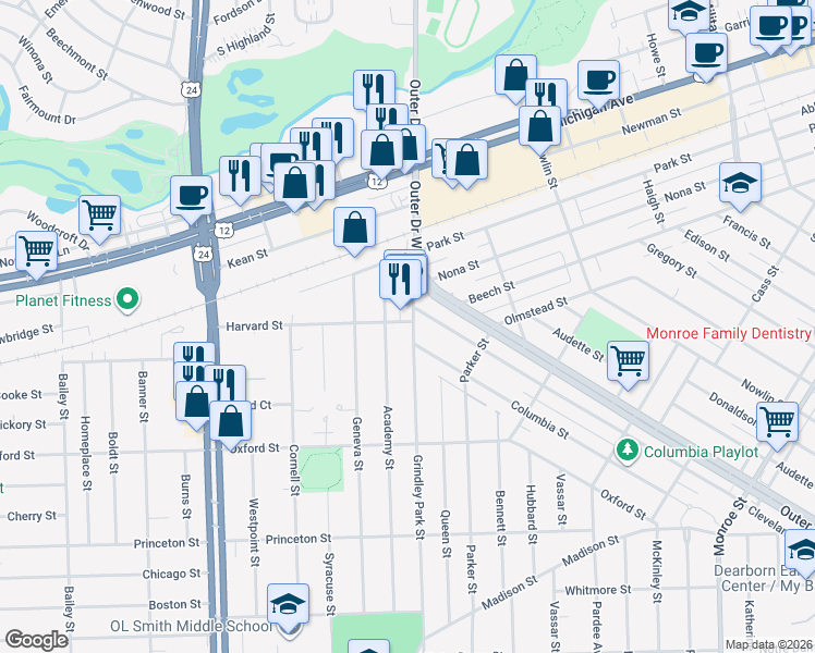 map of restaurants, bars, coffee shops, grocery stores, and more near 2030 Grindley Park Street in Dearborn