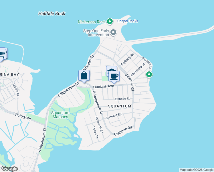map of restaurants, bars, coffee shops, grocery stores, and more near 37 Huckins Avenue in Quincy