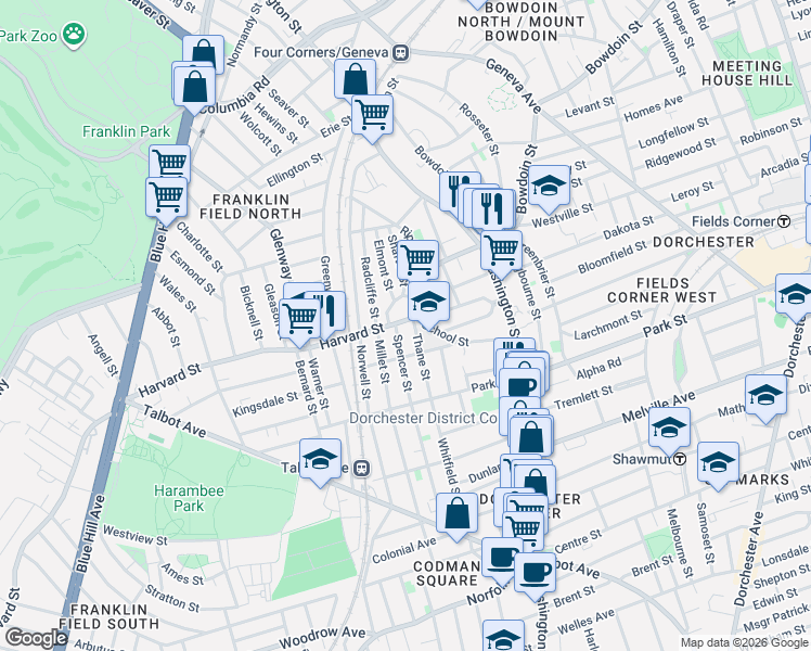 map of restaurants, bars, coffee shops, grocery stores, and more near 80 Harvard Street in Boston