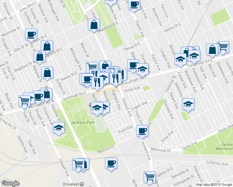 map of restaurants, bars, coffee shops, grocery stores, and more near 2170 Highland Avenue in Windsor