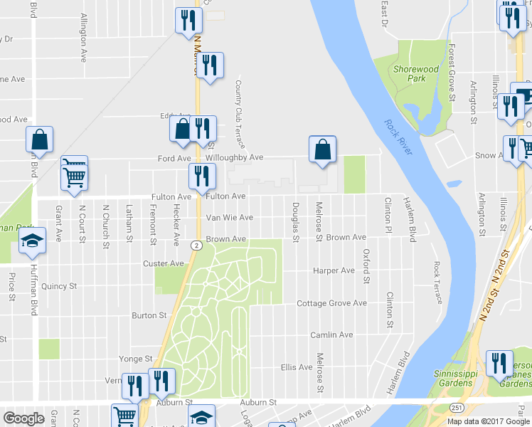 map of restaurants, bars, coffee shops, grocery stores, and more near 2304 Hancock Street in Rockford