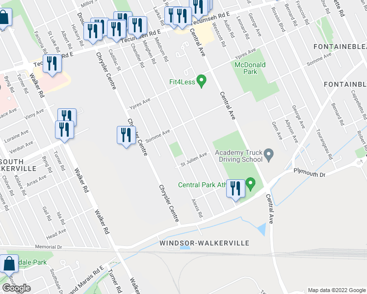 map of restaurants, bars, coffee shops, grocery stores, and more near 2556 Chandler Road in Windsor