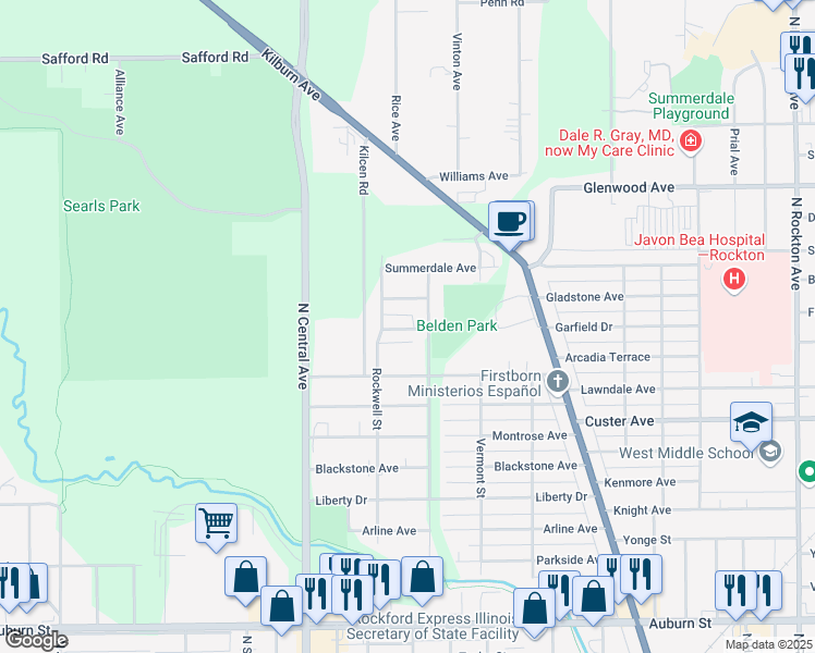 map of restaurants, bars, coffee shops, grocery stores, and more near 3417 Garfield Drive in Rockford