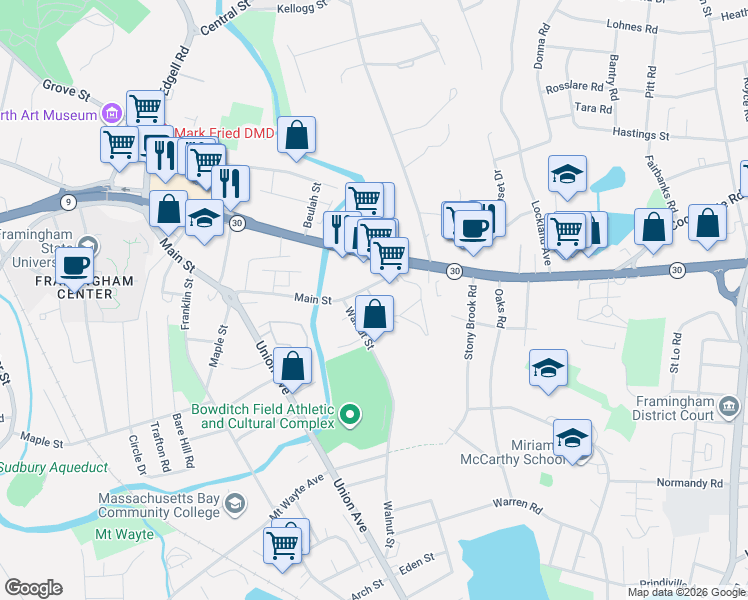 map of restaurants, bars, coffee shops, grocery stores, and more near 10 Georgetown Drive in Framingham