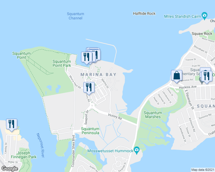 map of restaurants, bars, coffee shops, grocery stores, and more near 17 Whaler Lane in Quincy