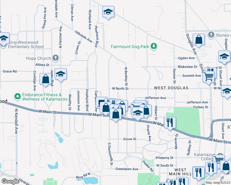 map of restaurants, bars, coffee shops, grocery stores, and more near 533 North Clarendon Street in Kalamazoo