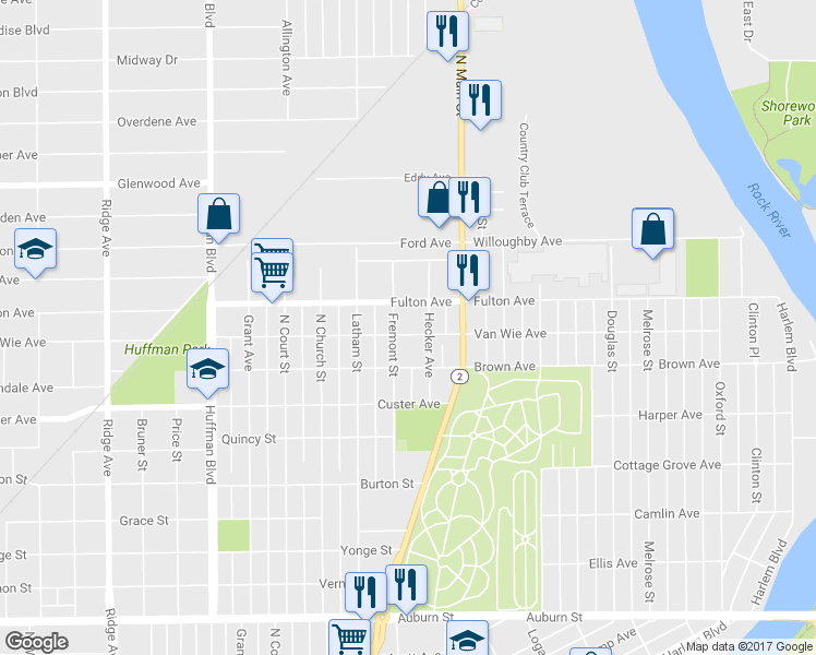 map of restaurants, bars, coffee shops, grocery stores, and more near 1217 Van Wie Avenue in Rockford