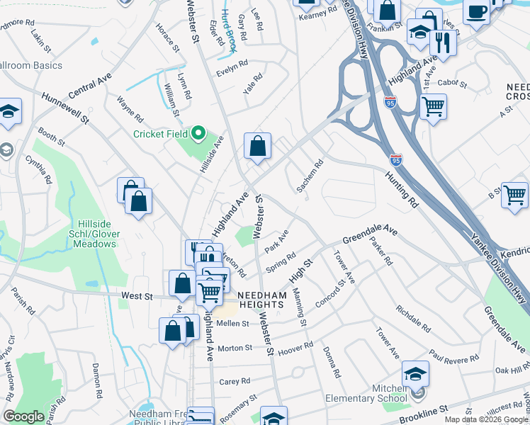 map of restaurants, bars, coffee shops, grocery stores, and more near 308 Webster Street in Needham